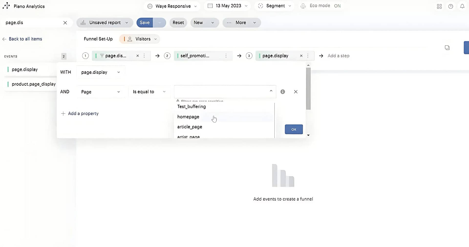create page.display event in Pinao Analytics - add filter and pages
