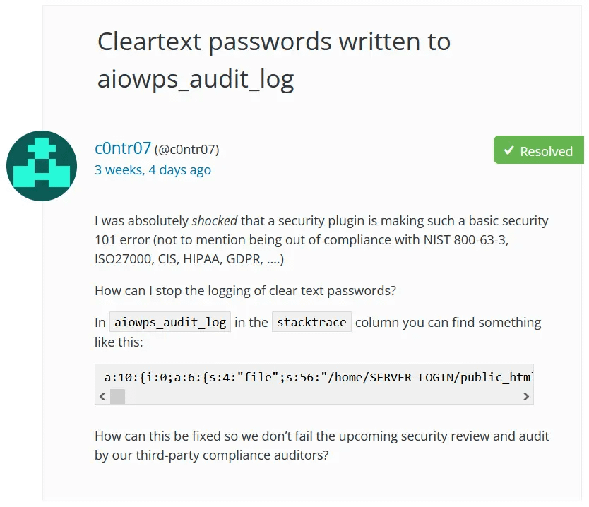 Cleartext passwords written to aiowps_audit_log